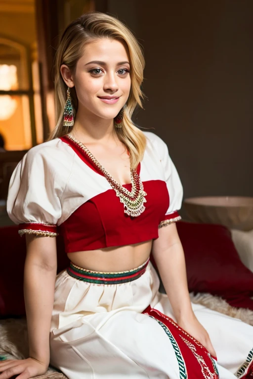 Lili Reinhart dressed in traditional Albanian clothes and smiling sexy