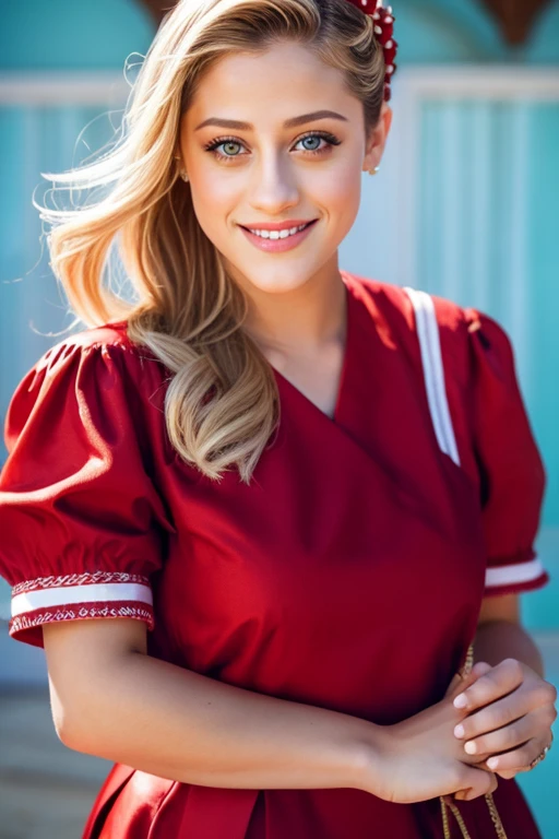 Lili Reinhart dressed in traditional Albanian clothes and smiling ????