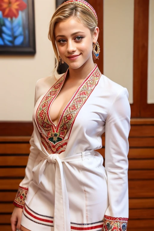 Lili Reinhart dressed in traditional Albanian clothes and smiling sexy
