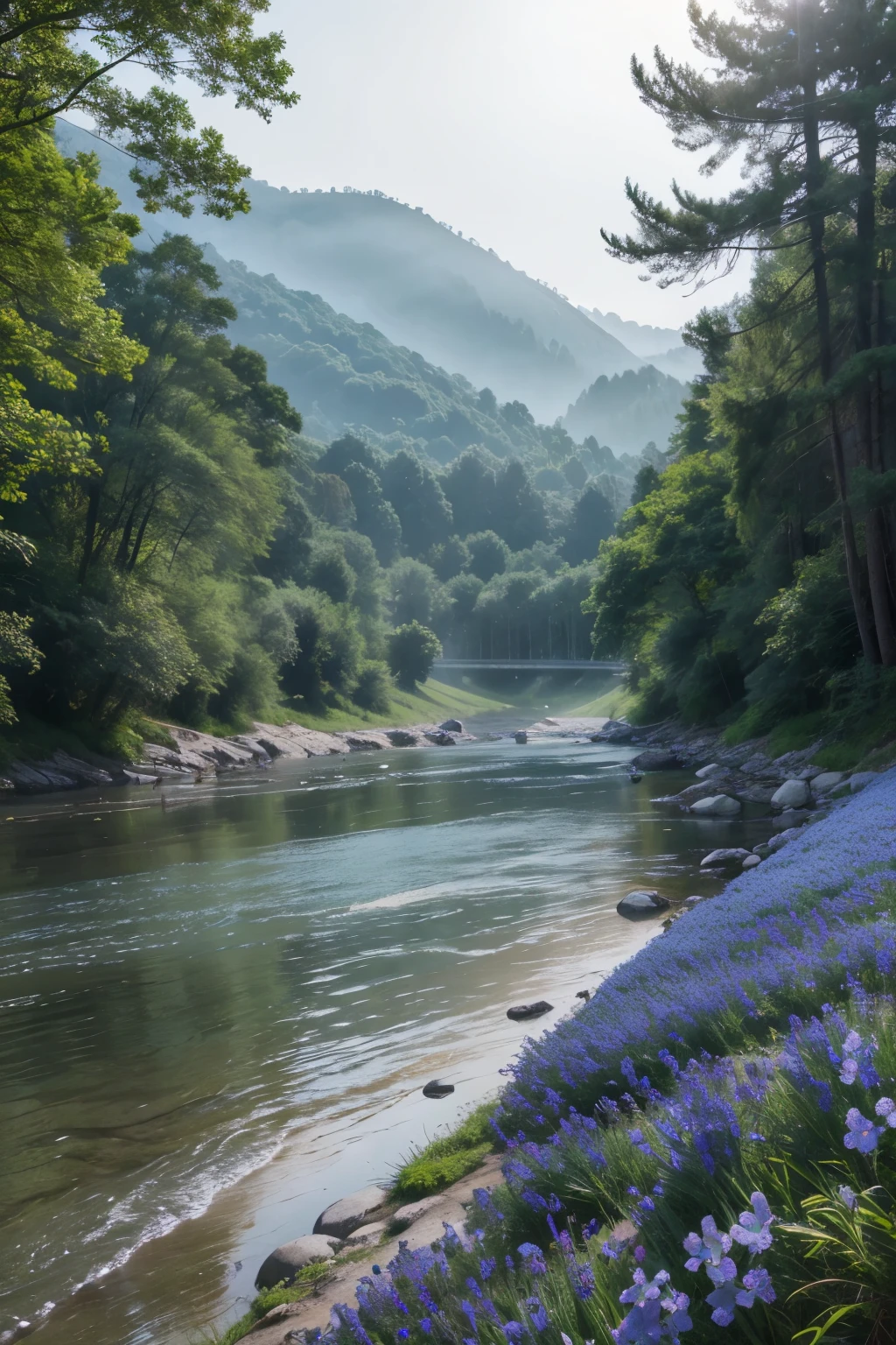 beautiful nature hazy river view blue flowers
