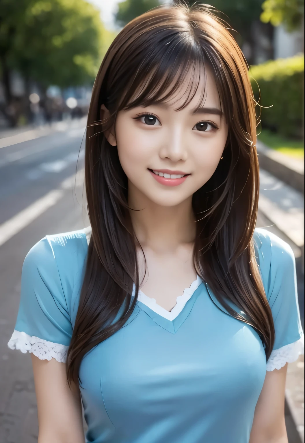 (masterpiece, best quality:1.1), (8k, raw photo, photo realistic:1.2, f22), (shiny skin), detailed skin,long hair,ribbon,detailed face, detailed eyes,smile,BREAK, real world, intricate details, smil, BREAK, 1girl, full body,(shortsleeve,blue),BREAK, (morning:1.4)