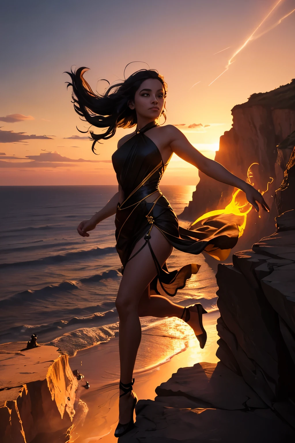 A solitary figure stands at the precipice of a cliff, captivated by the spectacle of the sunset. The warm hues of twilight bathe the sky in a radiant glow, casting long shadows that dance upon the jagged rocks below. As the scene unfolds, a luminous specter emerges from behind the figure, its silhouette shimmering like liquid gold.
The entity advances towards the person, moving with a grace and deliberateness that seems almost conscious. It envelops them, blending its ethereal beauty with the form of the observer. The fusion is instantaneous, a jolt of energy running through the person as they merge with the enig
