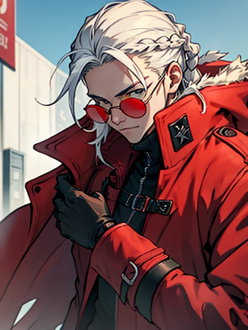 human Male  ,Clear Skin ,Red eyewear , white hair,long braided ,(((Red big Coat ))), Black Gloves  ,