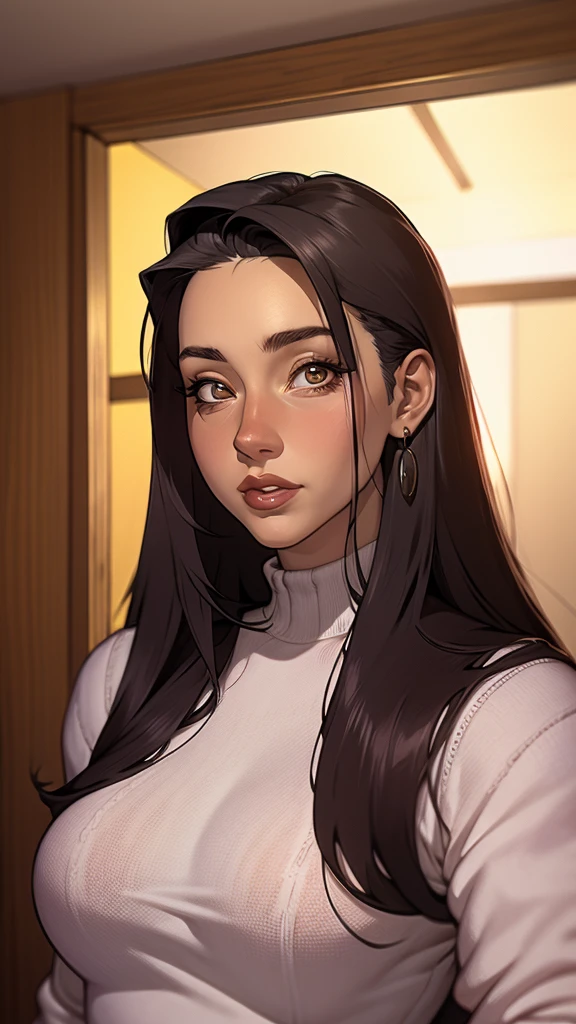 Close-up of a woman with long hair and a sweater, cabelo castanho encaracolado, linda modelo, retrato de alta qualidade, medium portrait soft light, parece a jovem liv tyler, retrato colorido, linda mulher, cabelo loiro cacheado | d & d, beautiful portrait lighting, uma linda jovem, modelo muito lindo, Retrato de 50mm, medium - long cabelo castanho encaracolado
