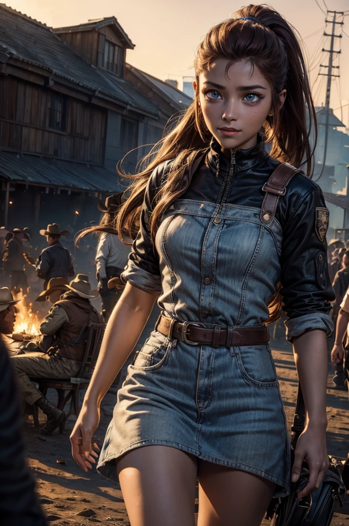 iliaamitola, ilia amitola, smiling, long hair, blue eyes, brown hair, ponytail, dark skin, dark-skinned female, BREAK khaki mini dress belts, BREAK outdoors, walking alongside river, bonfires, crowd, (crowd in military dress) (volumetric lighting), best quality, masterpiece, intricate details, tonemapping, sharp focus, hyper detailed, BREAK looking at viewer, (cowboy shot:1.5), BREAK (masterpiece:1.2), best quality, high resolution, unity 8k wallpaper, (illustration:0.8), (beautiful detailed eyes:1.6), extremely detailed face, perfect lighting, extremely detailed CG, (perfect hands, perfect anatomy),