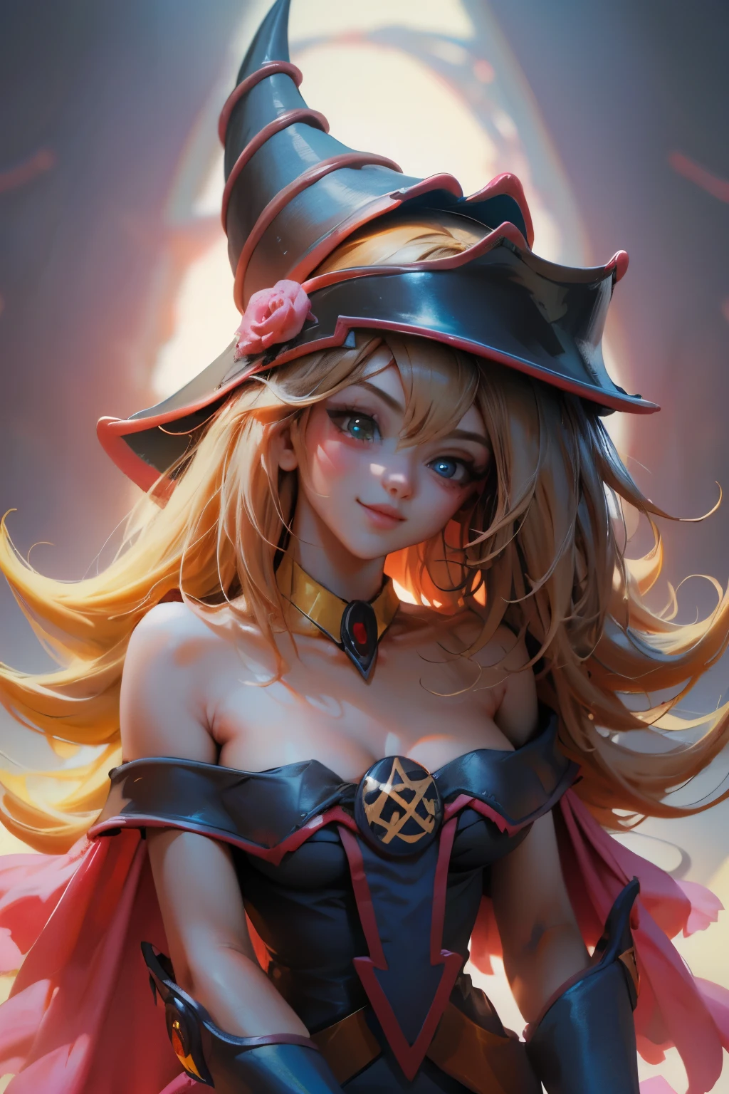Hermoso rostro de dark magician gils, ojos azules. Labios rosados. Cabello rubio y largo. Ombros descubiertos, pechos desnudos. sonrisa angelical, hermoso rostro bien detallados de dark magician gils. Nude. Hot. Sexy. Nude