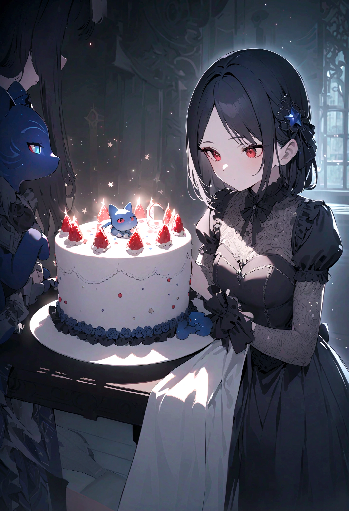 elegant gothic lolita girl, porcelain skin, long black hair, red eyes, petting a blue cosmic cat, star maker, both looking at girl's birthday cake, intricate details, cinematic lighting, dramatic atmosphere, dark fantasy, muted color palette