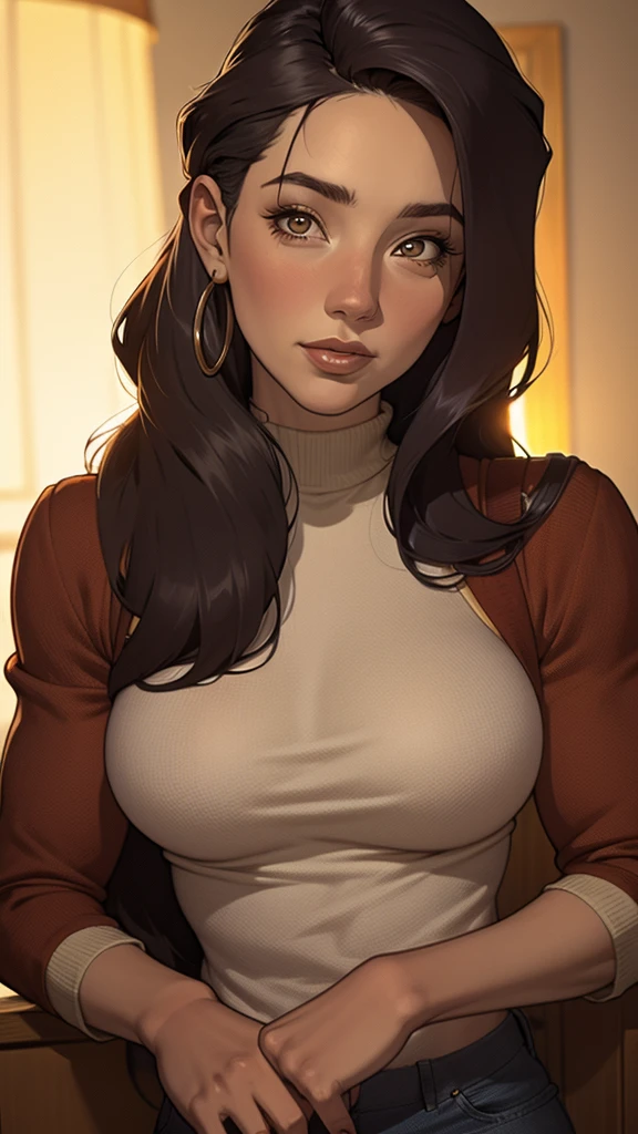 Close-up of a woman with long hair and a sweater, cabelo castanho encaracolado, linda modelo, retrato de alta qualidade, medium portrait soft light, parece a jovem liv tyler, retrato colorido, linda mulher, cabelo loiro cacheado | d & d, beautiful portrait lighting, uma linda jovem, modelo muito lindo, Retrato de 50mm, medium - long cabelo castanho encaracolado