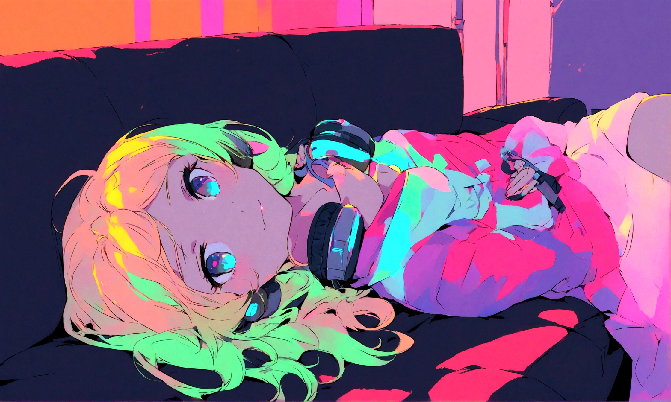 Create a high-quality anime-style image of a girl lying on a living room couch, listening to music through headphones. The setting is dimly lit to convey a relaxed and intimate atmosphere. Use a retrowave color palette to give the image a vibrant, nostalgic feel, with attention to detail and body perfection.