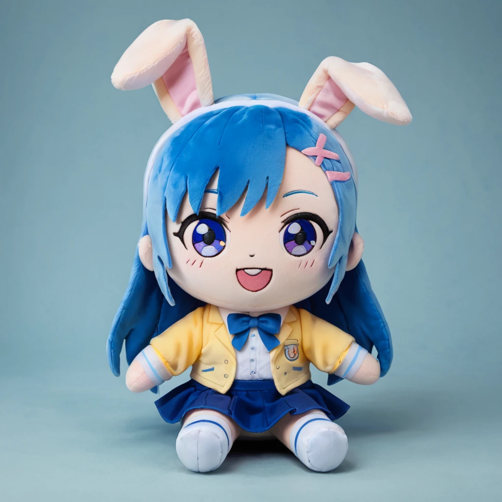 score_9, score_8_up, score_7_up, rating_safe, plushify, character stuffed toy, chibi, BREAK Best girl, rabbit ears, skirt, forest background, absurdres, solo, original, smile, open mouth
