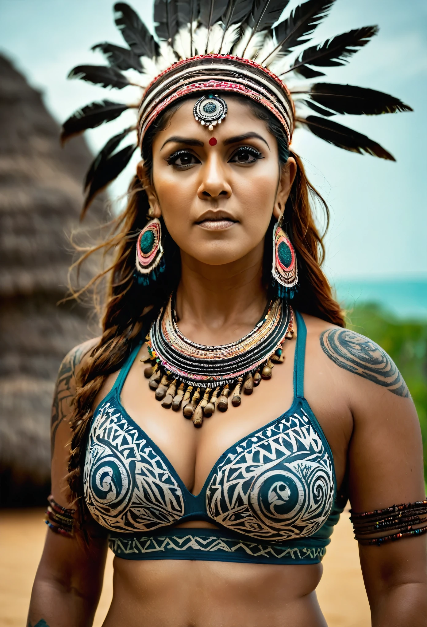 Foto RAW, looks like Nayanthara, excessive sweating, thick figure, curvy, , 50 years old Woman, tattoo in the middle of her breath realistic Indian headdress , tribal girl, stunning looks, tribal headdress, tattoos, colourful tribal tattoos, tribal white girl, Polynesian tribe, best quality , best cinematic colour grading, detailed lighting,  high resolution  , (pele altamente detalhada: 1.2), 8k UHD, DSLR, soft-lighting, alta qualidade, grain of film, Fujifilm XT3, highly detailed armpits, armpits hair,  fully naked, nipcovered, skin pores, skin texture, high quality skin, 