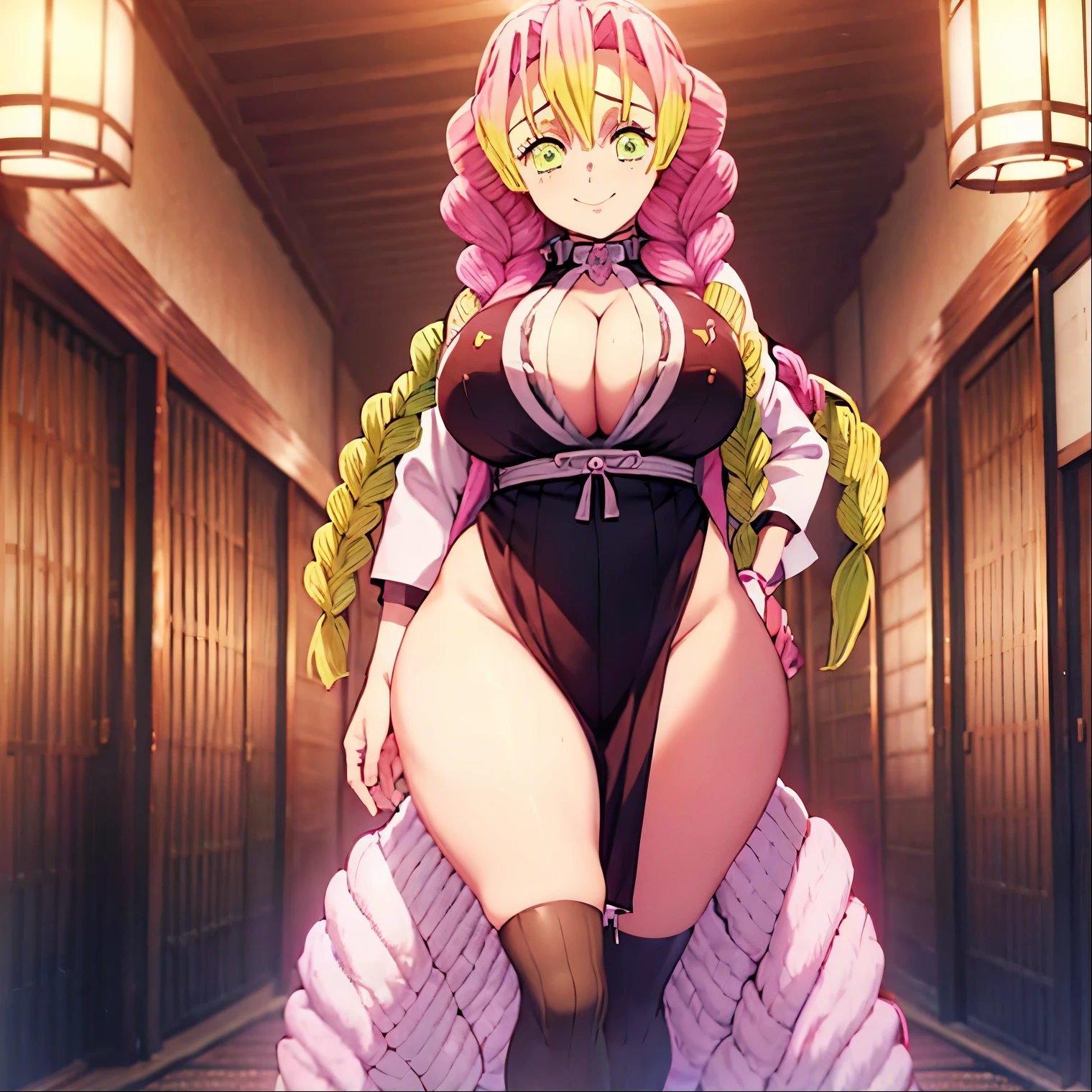 1 girl, solo, Mitsuri Kanroji (demon slayer), big breasts, medium waist, wide hips, medium thighs, round butt, full body, sexy body, curvy body, seductive posture, standing, indoor, Japanese estate, room ,hands on waist, black lingerie, two-piece lingerie,cleavage,black pantyhose,bangs, green hair, ombre hair, alone, standing, black, multicolored hair, breasts, smile, green eyes, twin braids, pink hair, long hair, portrait, looking at viewer, head on, focus on breasts, pov (from middle), moonlight landscape, perfect eyes, sex, perfect anatomy, perfect hands