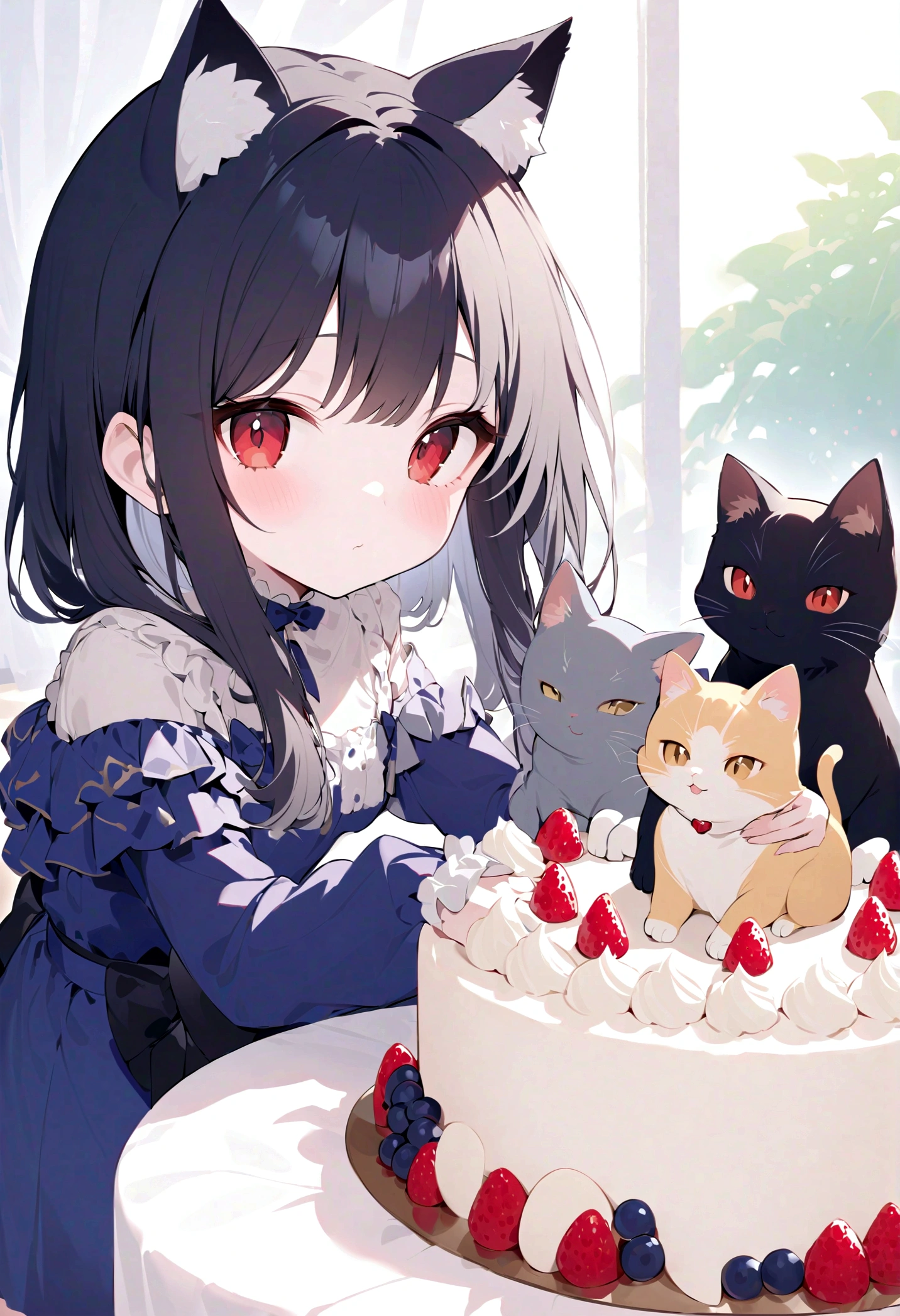chica con orejas de gato pelinegra, pale face and red eyes petting a blue space starsmith cat, while the two look at the black-haired cat-eared girl's birthday cake.