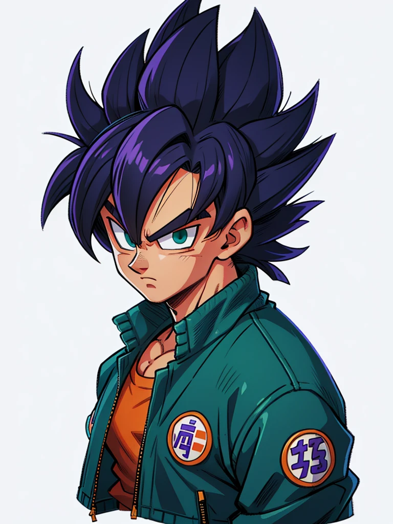 1man, solo, (masterpiece), best quality, ultra-detailed, Son Goku from Dragon Ball Z, super saiyan hair, Retro style, full body. fashion cloth, purple jean jacket, fancy, portrait, upper body, face detail, eyes detail: 1.3, simple background, green eyes, orange shirt, white background.