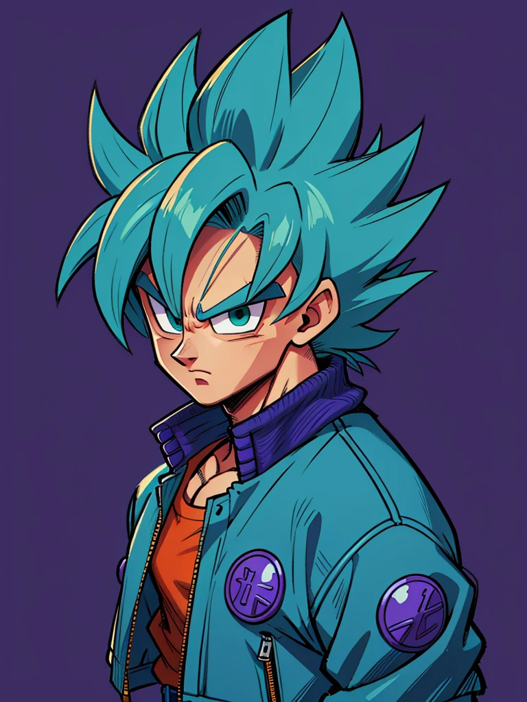 1man, solo, (masterpiece), best quality, ultra-detailed, Son Goku from Dragon Ball Z, super saiyan hair, Retro style, full body. fashion cloth, purple jean jacket, fancy, portrait, upper body, face detail, eyes detail: 1.3, simple background, green eyes, orange shirt, white background.