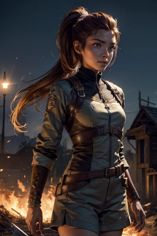 iliaamitola, ilia amitola, smiling, long hair, blue eyes, brown hair, ponytail, dark skin, dark-skinned female, BREAK khaki mini dress belts, BREAK outdoors, field, river, walking on riverbank, bonfires, crowd, (crowd in military dress) (volumetric lighting), best quality, masterpiece, intricate details, tonemapping, sharp focus, hyper detailed, BREAK looking at viewer, (cowboy shot:1.5), BREAK (masterpiece:1.2), best quality, high resolution, unity 8k wallpaper, (illustration:0.8), (beautiful detailed eyes:1.6), extremely detailed face, perfect lighting, extremely detailed CG, (perfect hands, perfect anatomy),