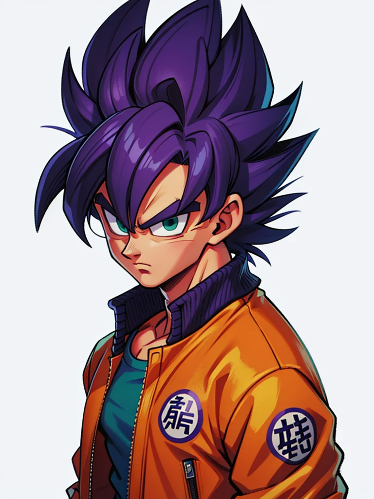 1man, solo, (masterpiece), best quality, ultra-detailed, Son Goku from Dragon Ball Z, super saiyan hair, Retro style, full body. fashion cloth, purple jean jacket, fancy, portrait, upper body, face detail, eyes detail: 1.3, simple background, green eyes, orange shirt, white background.