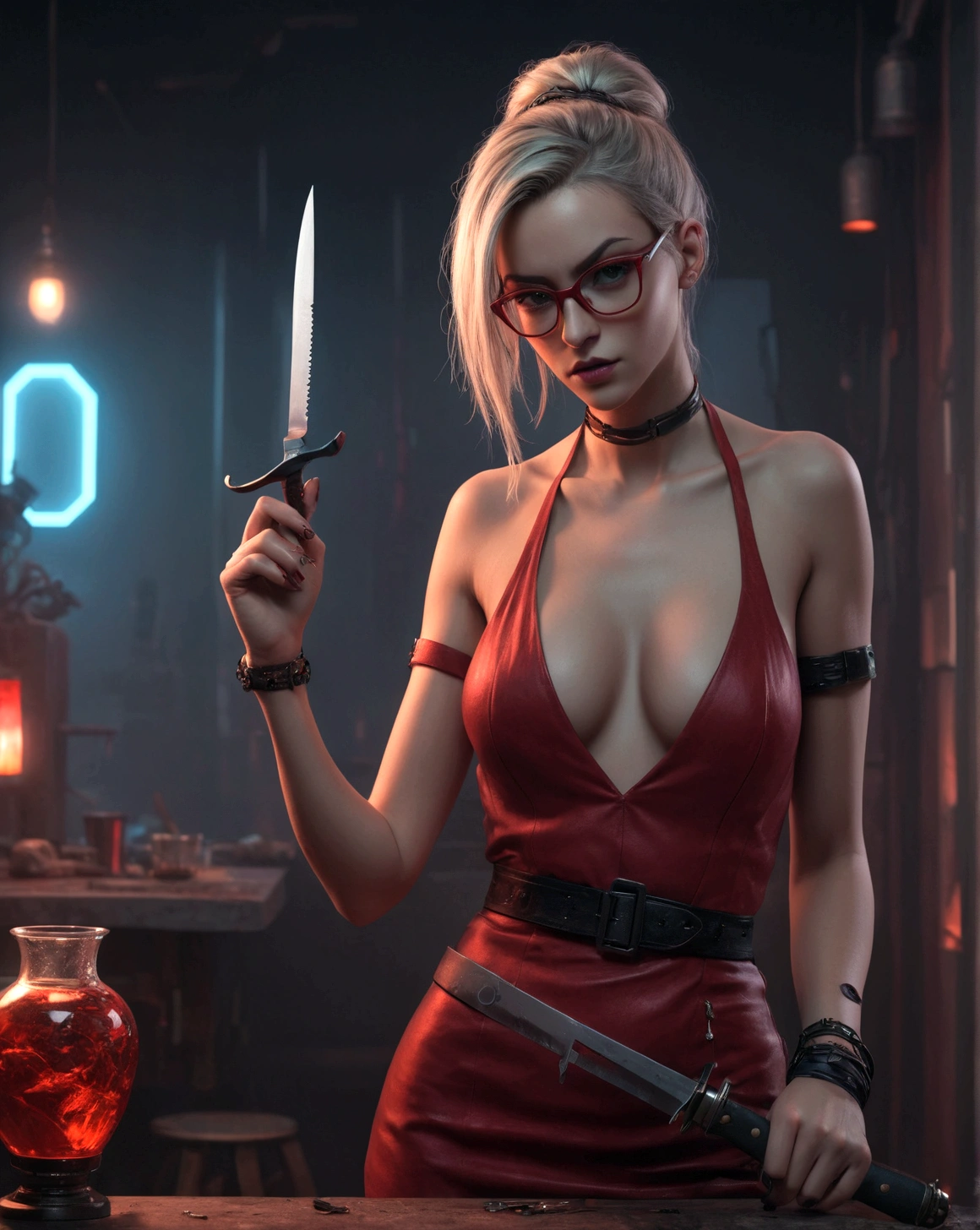 blond woman in red dress and glasses with a knife and a glass, seductive cyberpunk dark fantasy, beautiful cyberpunk woman model, cyberpunk angry gorgeous goddess, cyberpunk 2 0 y. o model girl, in cyberpunk style, cyberpunk beautiful girl, cyberpunk pincushion lens effect, cyberpunk photo, 3d render digital art, cyberpunk girl, cyberpunk woman, cyberpunk art ultrarealistic 8k