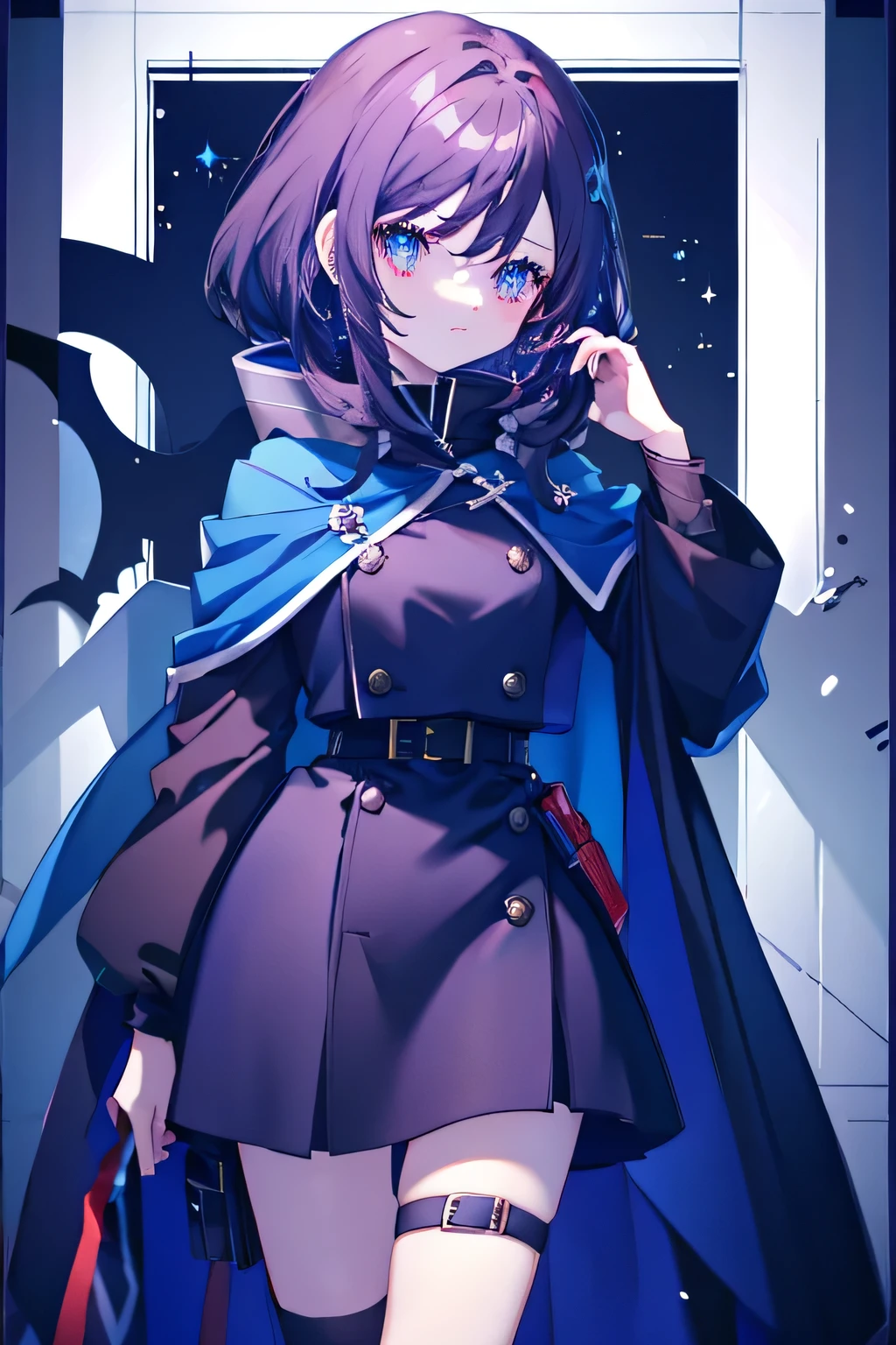 dark purple haired Anime girl with blue eyes and a blue and black officer outfit, and a cloak