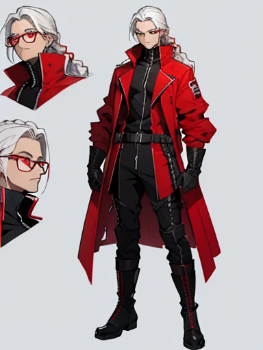  Concept ART ,human Male  ,Clear Skin ,Red eyewear , white hair,long braided ,zip Red Coat  , Full body , Black Gloves  , Black boots ,