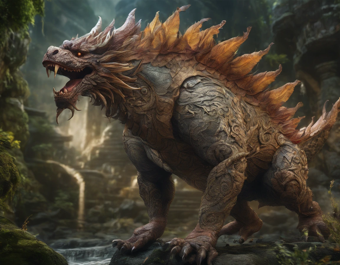 intricate detailed 1 Indonesian mythological creature, highly detailed fantasy creature, mythical being, dark fantasy, (best quality,4k,8k,highres,masterpiece:1.2),ultra-detailed,(realistic,photorealistic,photo-realistic:1.37),cinematic lighting, dramatic moody lighting, intricate textures, ethereal, dramatic atmosphere, epic scale, otherworldly, mystical, ornate details, complex design, intricate patterns, saturated colors