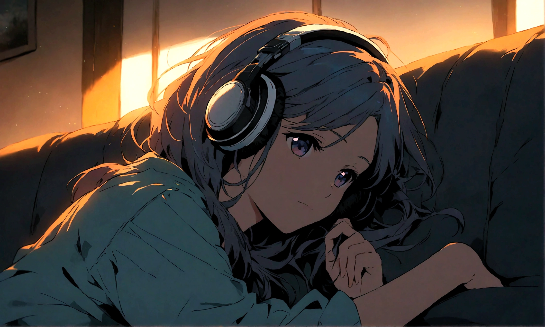 Create a high-quality anime-style image of a girl lying on a living room couch, listening to music through headphones. The setting is dimly lit to convey a relaxed and intimate atmosphere. Give the image a vibrant, nostalgic feel, with attention to detail and body perfection.
