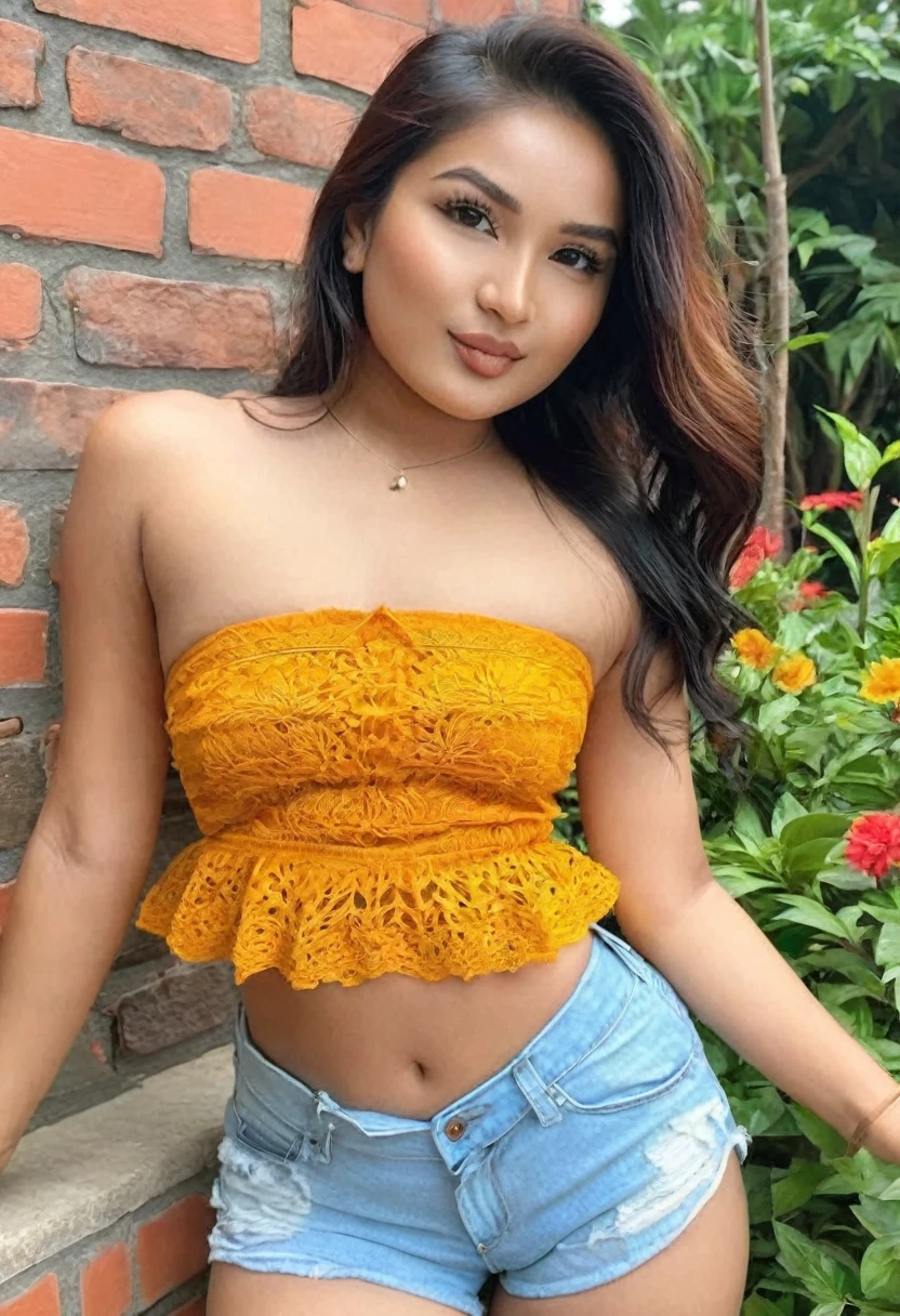 ((Best resolution)), ((high quality:1.2)), Work of art, 8k, extremely detailed, ((High detail:1.2)), (Hotlexi woman), Solo, 24 year old Nepali female, (mini-shorts, crop strapless), (beautiful perfect face:1.23),