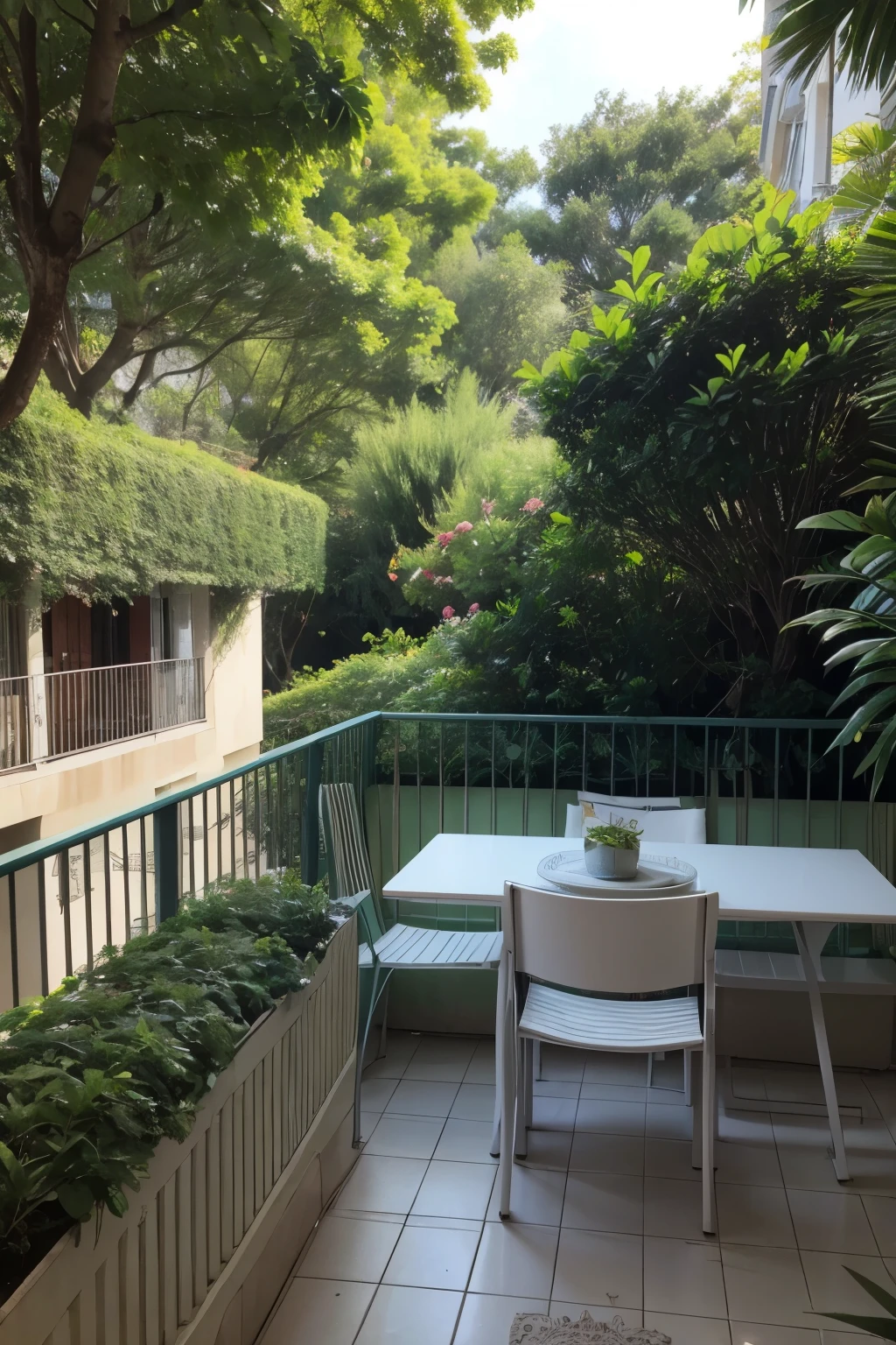 adicione luzes de jardim, Luz do DIA , Balcony with lots of green trees