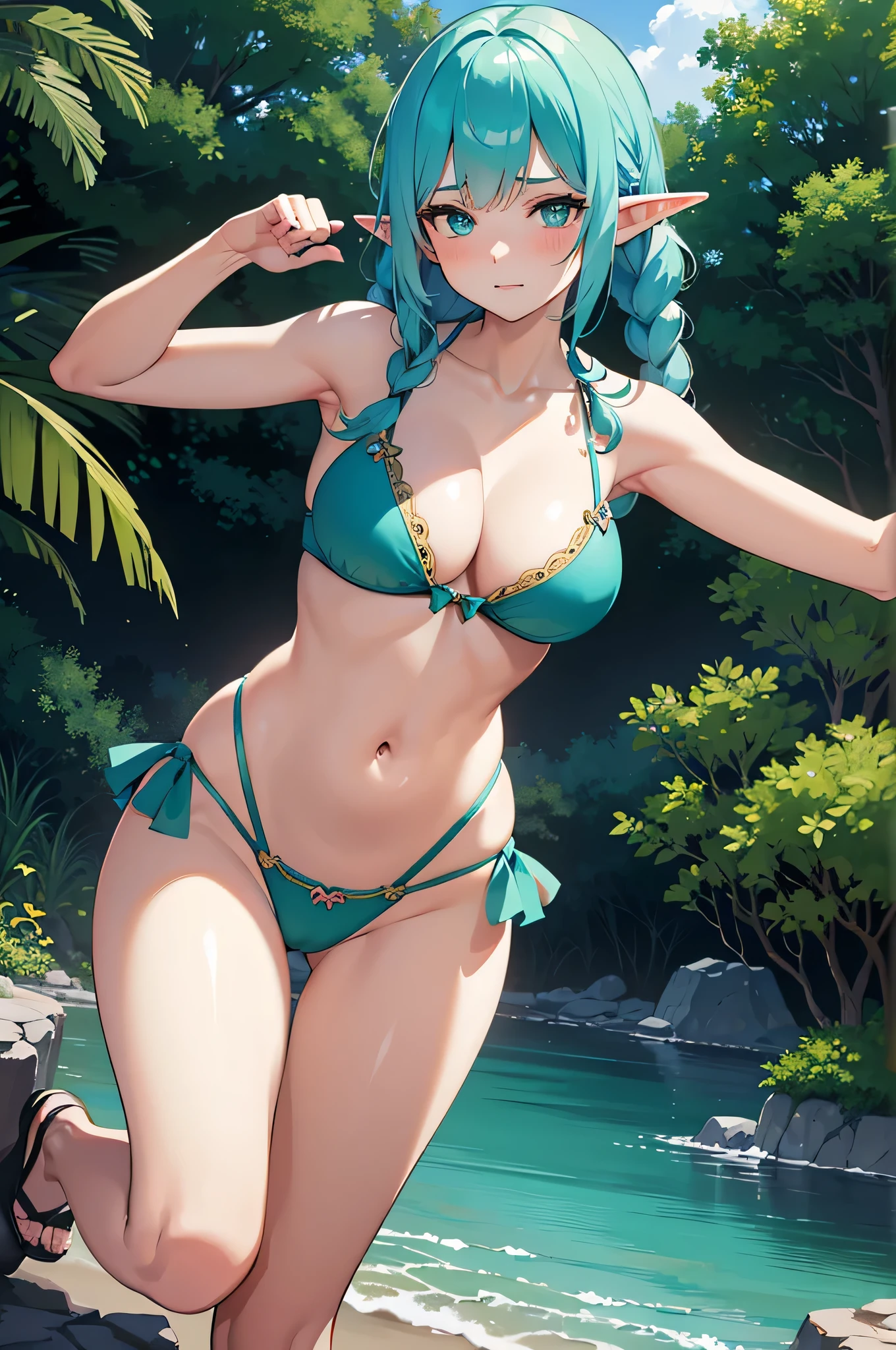 All realistic intricate details: "(medium shot, (1 girl ELF view), Aqua COLOR hair, blush, measurements 93 60 91, (mischievous expression), open legs, clavicle, arcane, short venus Bikini, firm breasts, big breasts, twin braids, love pose, Side and natural lighting, In the background a cenote in the middle of the jungle, random angle))"