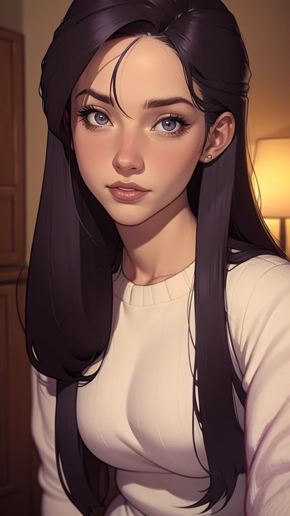 Close-up of a woman with long hair and a sweater, cabelo castanho encaracolado, linda modelo, retrato de alta qualidade, medium portrait soft light, parece a jovem liv tyler, retrato colorido, linda mulher, cabelo loiro cacheado | d & d, beautiful portrait lighting, uma linda jovem, modelo muito lindo, Retrato de 50mm, medium - long cabelo castanho encaracolado
