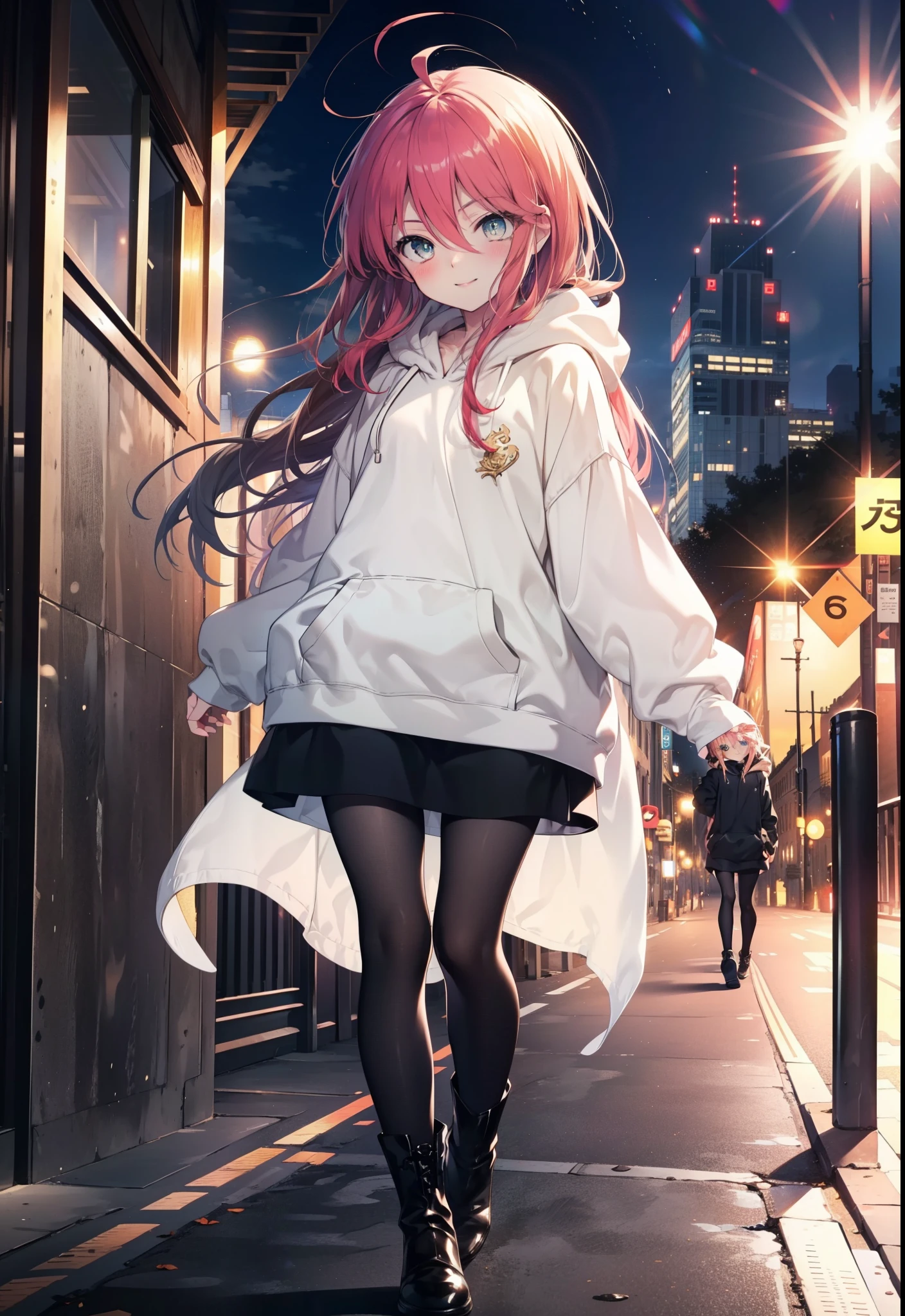 Shana,灼眼のShana,Ahoge,Long Hair,Black, Iris, Small breasts,happy smile, smile, Close your mouth,blush,Oversized hoodie,Black long skirt,Black pantyhose,short boots,walking,morning,morning陽,The sun is rising,whole bodyがイラストに入るように,
break looking at viewer, whole body, 
break outdoors, Building district,
break (masterpiece:1.2), highest quality, High resolution, unity 8k wallpaper, (shape:0.8), (Beautiful and beautiful eyes:1.6), Highly detailed face, Perfect lighting, Highly detailed CG, (Perfect hands, Perfect Anatomy),