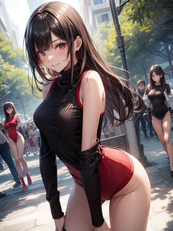 top-quality、Full limbs、complete fingers、Slender beauty、Women with straight hair、Brown-haired woman、Women with medium hair、(Beautiful busty woman:1.3)、(black knit leotard)、((Red shorts))、Black High Socks、Naughty Poses、a park、A big smile、Dancing