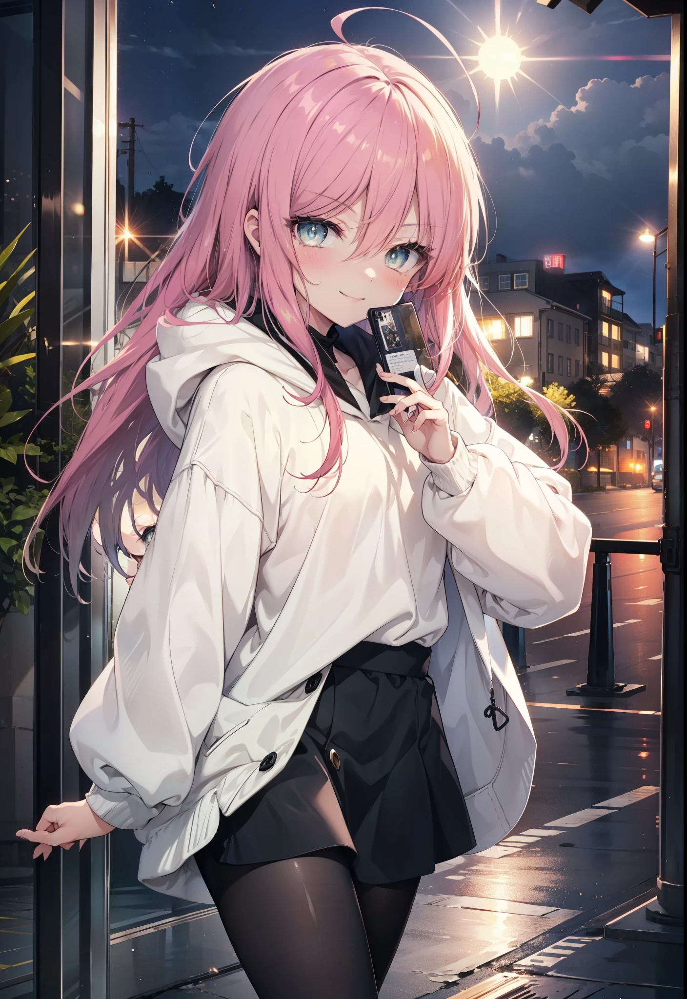 Shana,灼眼のShana,Ahoge,Long Hair,Black, Iris, Small breasts,happy smile, smile, Close your mouth,blush,Oversized hoodie,Black long skirt,Black pantyhose,short boots,walking,morning,morning陽,The sun is rising,whole bodyがイラストに入るように,
break looking at viewer, whole body, 
break outdoors, Building district,
break (masterpiece:1.2), highest quality, High resolution, unity 8k wallpaper, (shape:0.8), (Beautiful and beautiful eyes:1.6), Highly detailed face, Perfect lighting, Highly detailed CG, (Perfect hands, Perfect Anatomy),