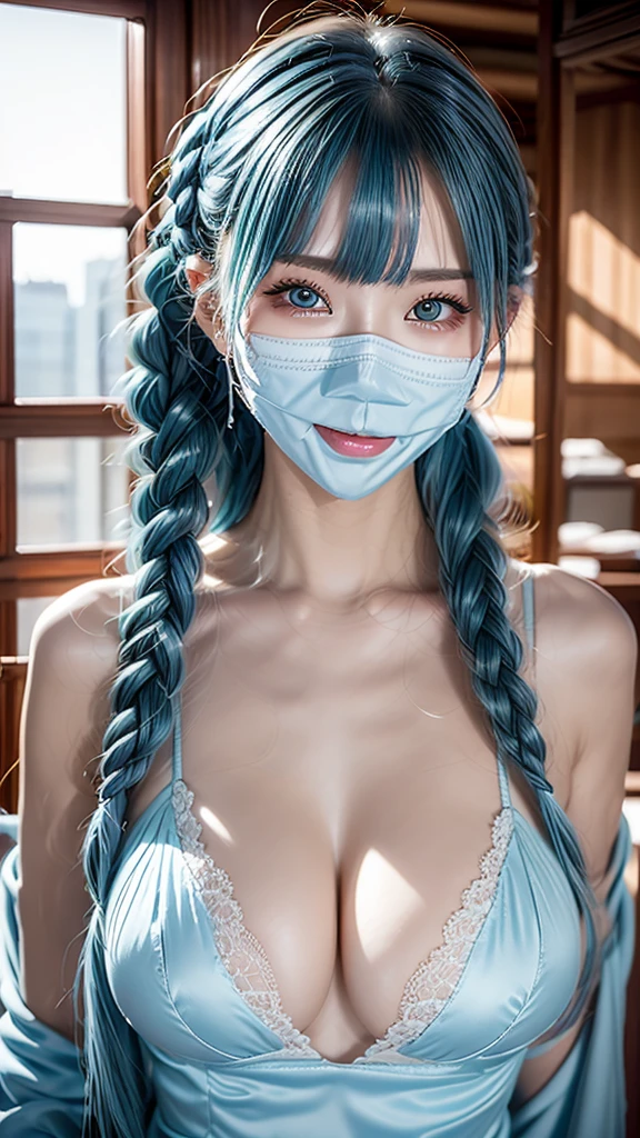 AIBeauty、Real Beauty、OL Prompt、company、office、suit、Face masks、Light blue hair、Braid、Accentuate the cleavage、Show your whole body