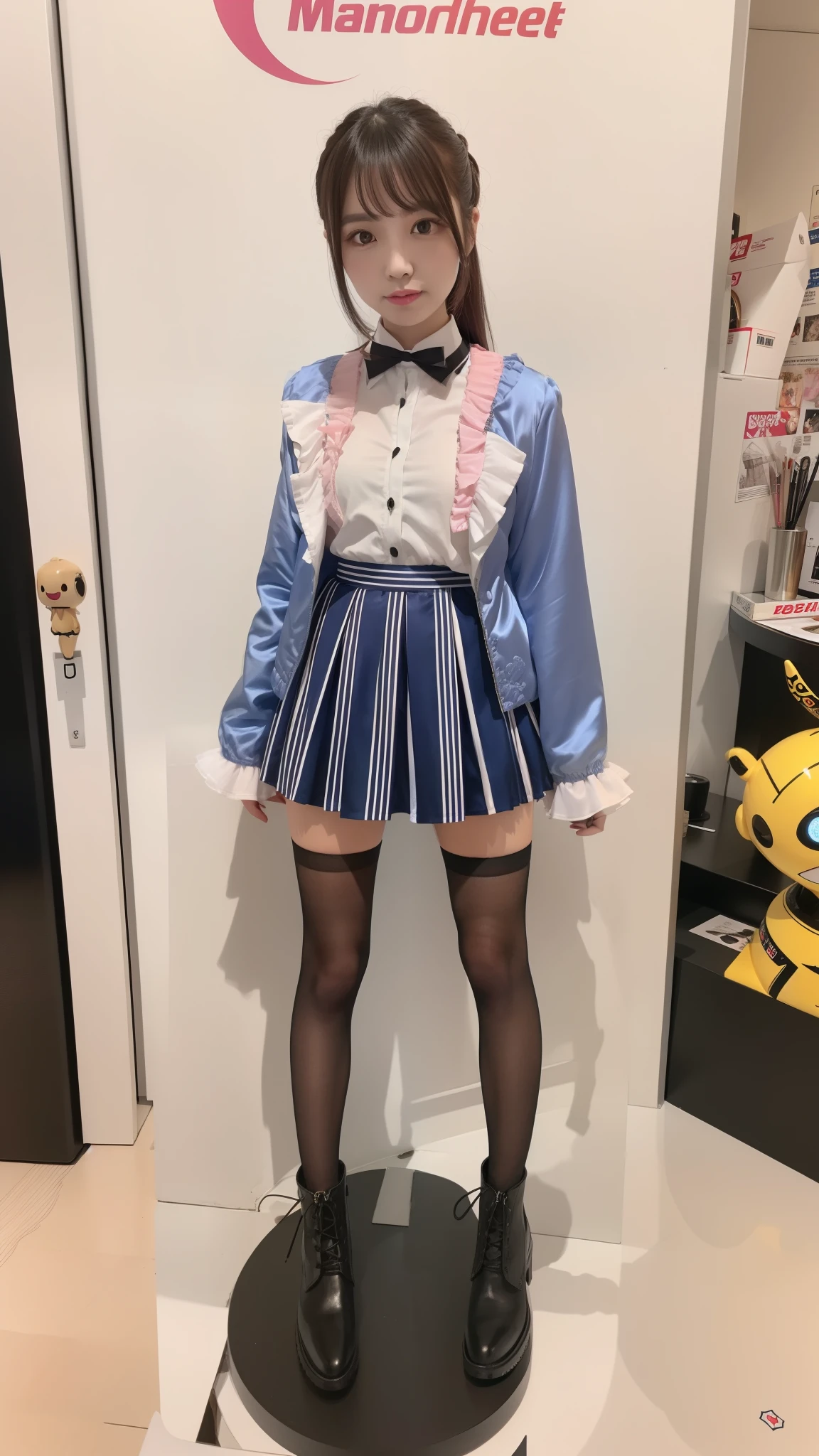 Costume like a idol, blue and white half sleeve Jacket, pink satin ruffled blouse, White and pink stripe pleated skirt, white lace up boots