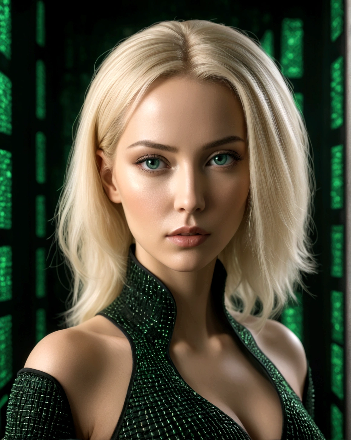 blond woman, seductive Matrix dark fantasy, beautiful Matrix woman model,gorgeous goddess, Matrixo model girl, in Matrix moviestyle, Matrixbeautiful girl,Matrix pincushion lens effect,Matrix photo, ultrarealistic 8k
