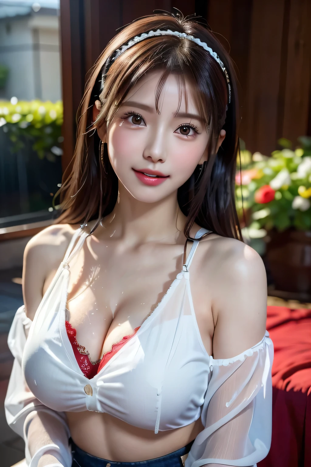 Close-up of a woman wearing a blouse taking a photo,(((garden))),(((Sexy pose:1.3))),(((clothes on hangers:1.3))),(((Red underwear:1.3))),(((A wet blouse that sticks to your skin))),(Cleavage:1.3),(Wearing a wet see-through blouse:1.3),Cute Face,(Shiny silver hair,Floral knit headband,Half Up、Floral braided space buns,Voluminous fishtail braid,),(The bangs are see-through),hairpin,hair ornaments,Blushing、Pointed red mouth、Perfect round face,iris,(Perfect body curves),Big Breasts.Wet Hair、Wet clothes、Wet Skin、Professional Lighting,Cinematic Light,(Tabletop,highest quality,Ultra-high resolution output images,) ,(8K quality,),(Picture Mode Ultra HD,)