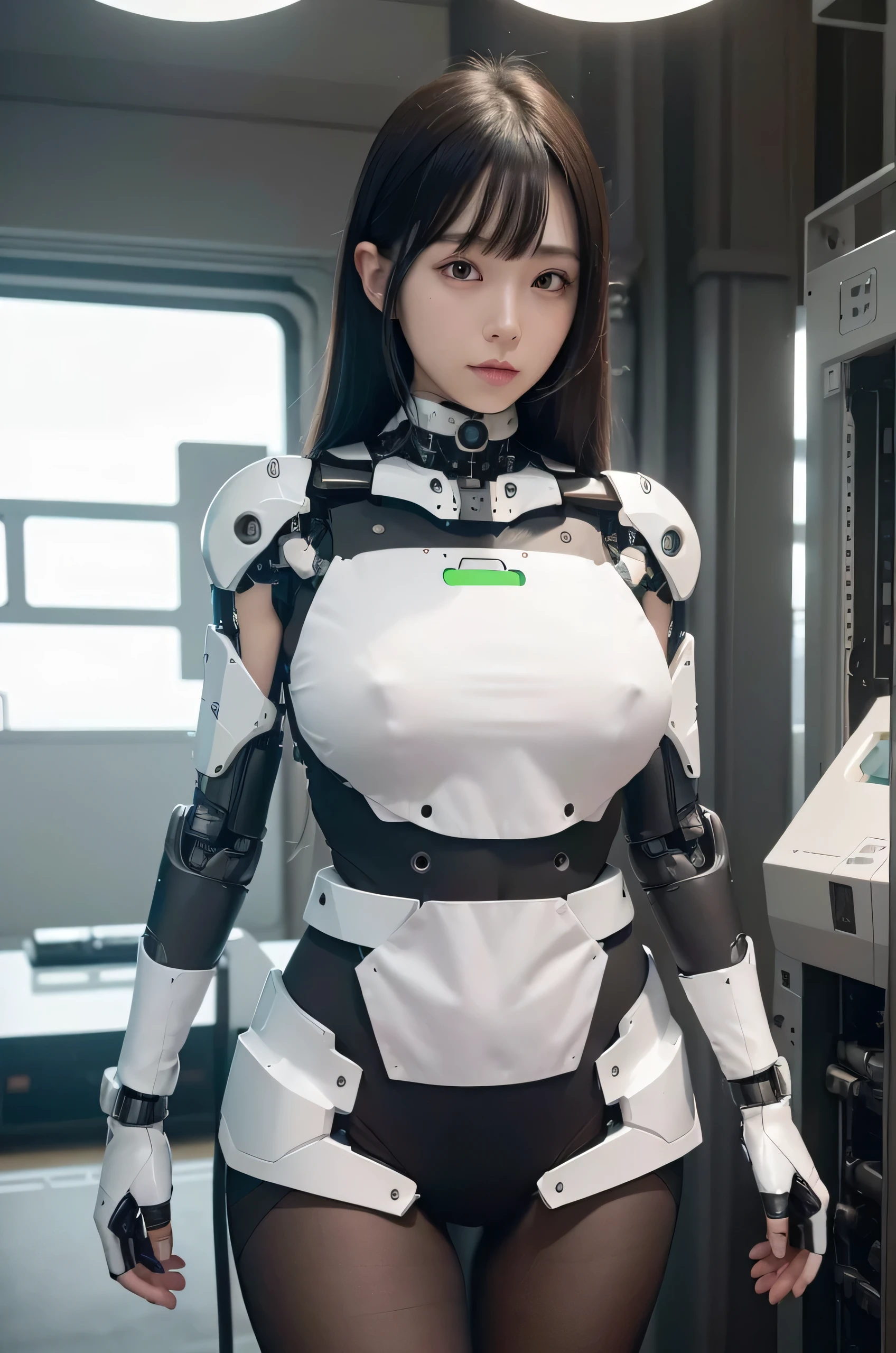 masterpiece, best quality, extremely detailed, (8K, 4K, Best Quality, hight resolution, 超A high resolution:1.1), (masutepiece, Realistic, Photorealsitic:1.1),8k portrait, Japaese android Girl,Plump , dark black leg cover,announcer,control panels,android,Droid,Mechanical Hand, Robot arms and legs, Black Robot Parts,Black hair,Mechanical body,Blunt bangs,perfect mechanical abdomen,White robotics parts,perfect robot woman,future laboratory,cyber pank,charging spot,laboratory,long tube,thick cable connected her neck,white ceramic body ,perfect mechanical body, white robot body,lod antenna,mechanical ear cover,android,robot humanoid,black sponge joints,The removable cover is in the groin,The connection port is in the groin,opened chest panel,access panel on the chest,opened breast panel,perfect mechanical breast,perfect machine body,perfect android body,She has repaired,assembly plant,miniskirt,dark black tights,dark black leggings,