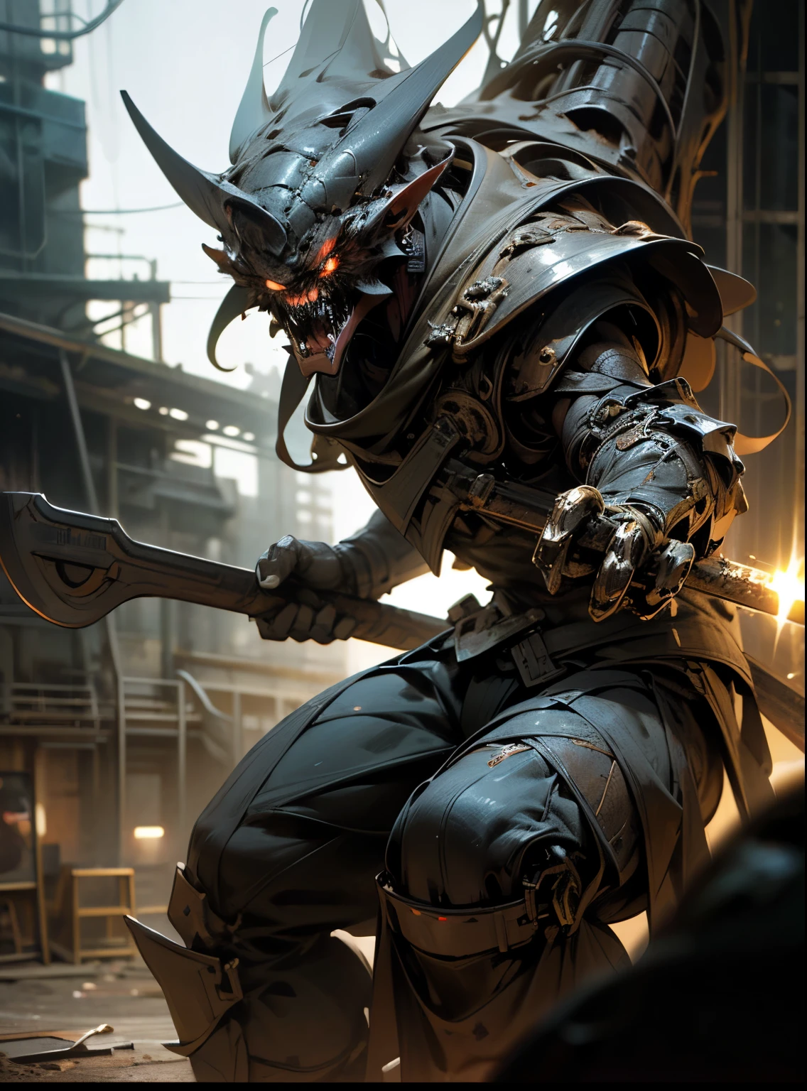 An orc warrior, ferocious, fangs exposed, broken armor, with a giant axe in hand, battlefield background, (best quality, 4k, highres, masterpiece:1.2), ultra-detailed, (realistic, photorealistic, photo-realistic:1.37), HDR, studio lighting, physically-based rendering, extreme detail description, professional, vivid colors, bokeh, portraits, landscape, horror, anime, sci-fi, photography, concept artists, dark colors, dramatic lighting.