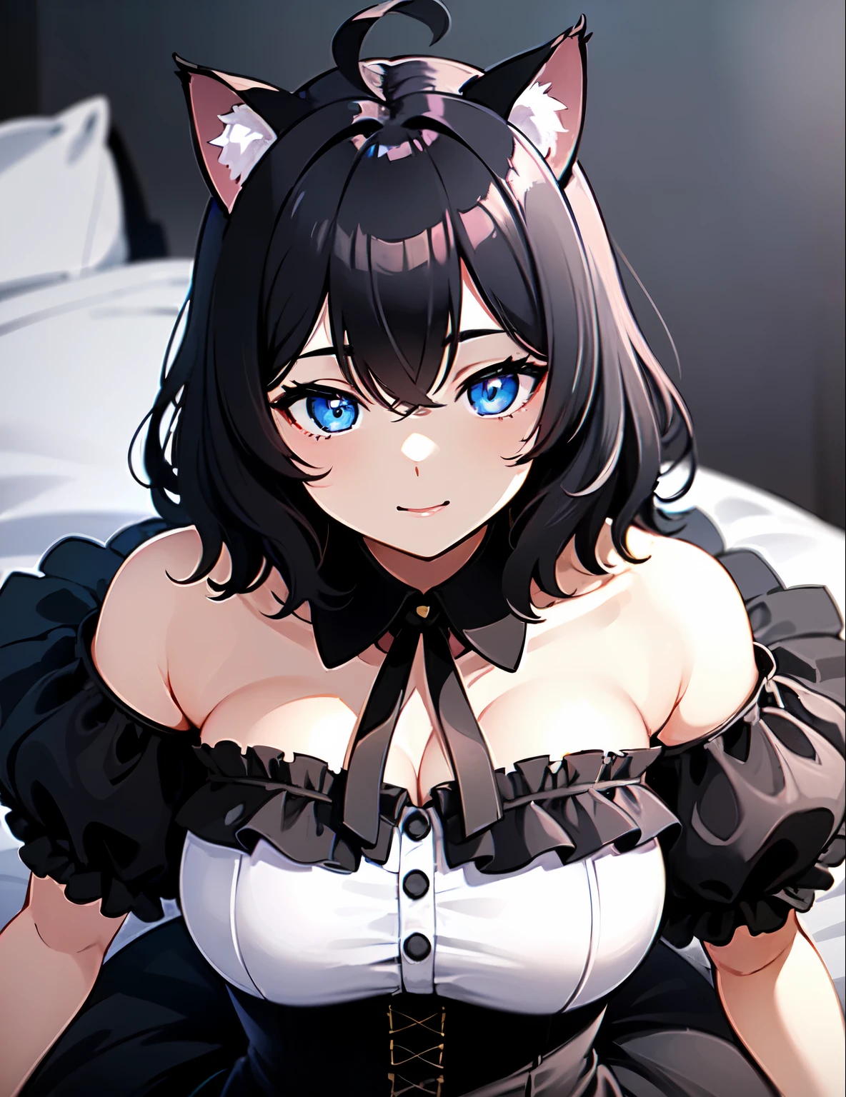 ((highest quality)), ((masterpiece)), (detailed), Perfect Face ,Bed Background, 1 girl、((highest quality, expensive_solve, clear_image)),(Black Hair), (Black cat ears), (Ahoge), (Tremendously short hair), (Wavy Hair), (blue eyes),Fearless smile、Dressed,Very large breasts、Lay down