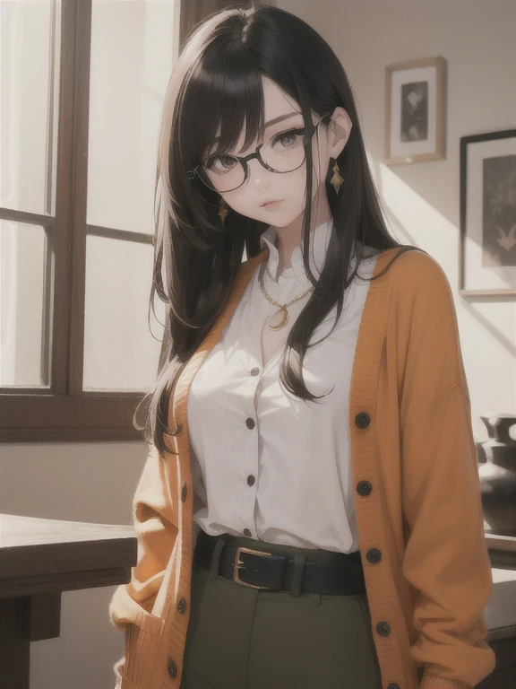 (masterpiece1.5),adult lady with aesthetic small breasts,One,(((Hair))), long hair, Half-open mouth,(glasses with lenses),(очень взъерошенные тёмно-каштановые взлохмаченные long hair), (Big eyes with double eyelids),(thick lip),(high nose),(High gauge (tight-fitting:1.1) (black:1.3) tortoiseshell neck:1.1), (filling:1.3), (orange cardigan:1.2), (checkered (Dark olive green) Tapered trousers:1.3), dark brown belt, Gold necklace, (dark brown:1.1) Lowers,Nice backgrounds for your theme、beautiful backgrounds、searchlight、bright colors、(((Detail drawing)))、perfect beautiful girl