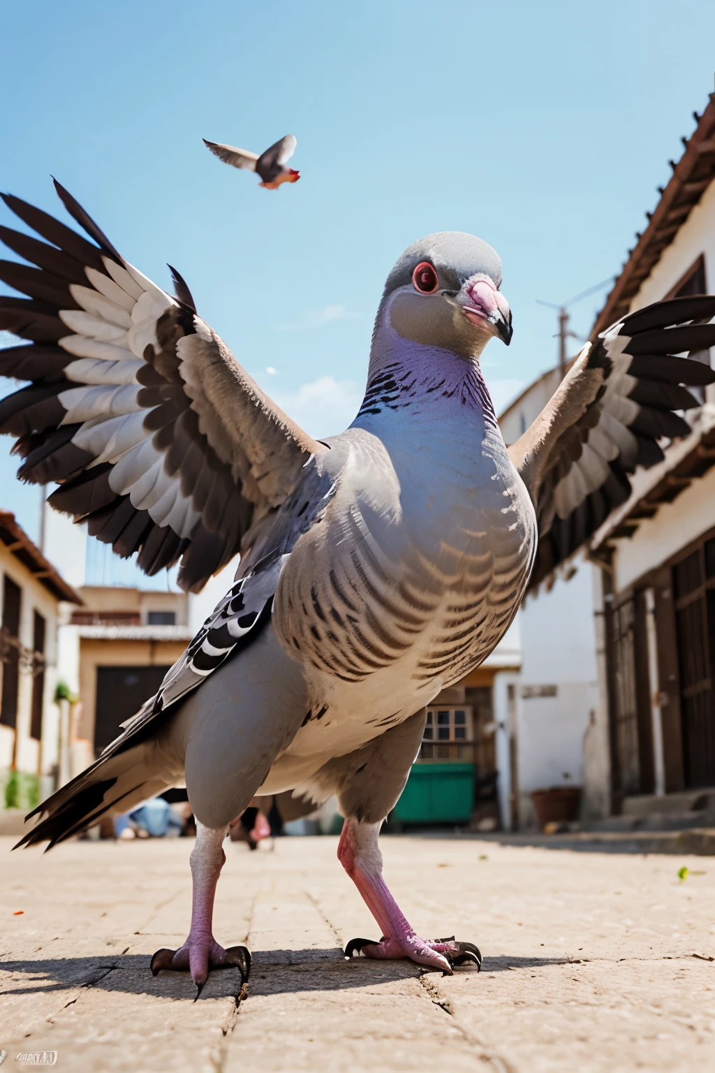Create an image that represents an evolved pigeon that is taking revenge on a Peruvian for wanting to eat it
