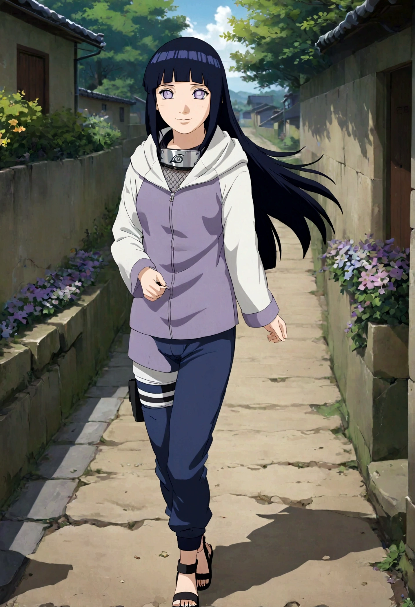 1girl, Hinata Hyuga, long hair, blunt bangs, dark blue hair, white eyes, no pupils, forehead protector, konohagakure symbol, purple and white hooded jacket, fishnets, blue pants, holster, bandage on thigh, open sandals, hoodie, zipper, flowers, path, outdoor, seductive smile, looking at viewer, (masterpiece, best quality, Professional, perfect composition, very aesthetic, absurdres, ultra-detailed, intricate details:1.3)