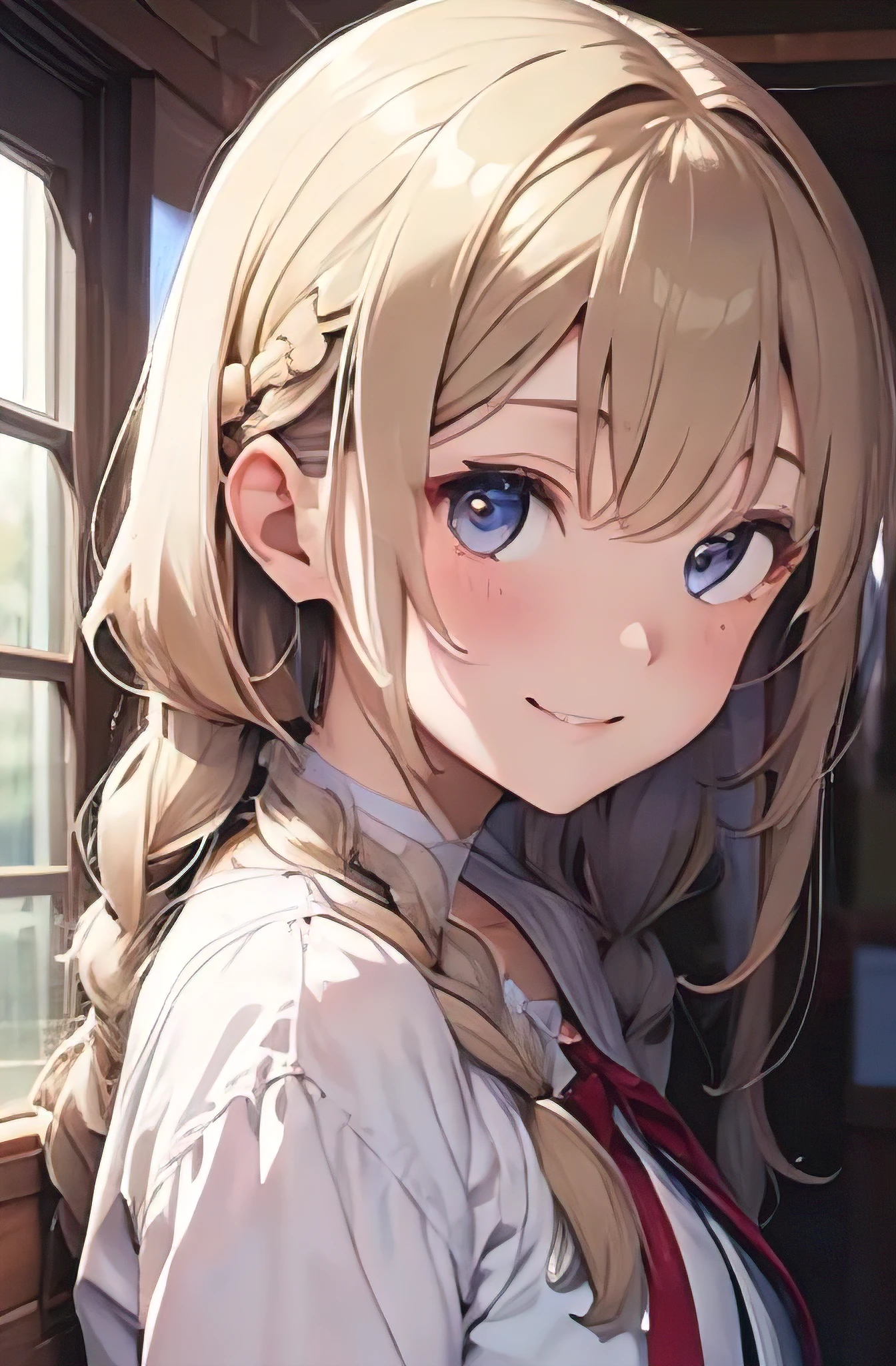 best_quality, masterpiece,white_hair, gold_eyes,white_clothes, looking_up, upper_body,hair_strand,Fair_skin,side_braids, smile