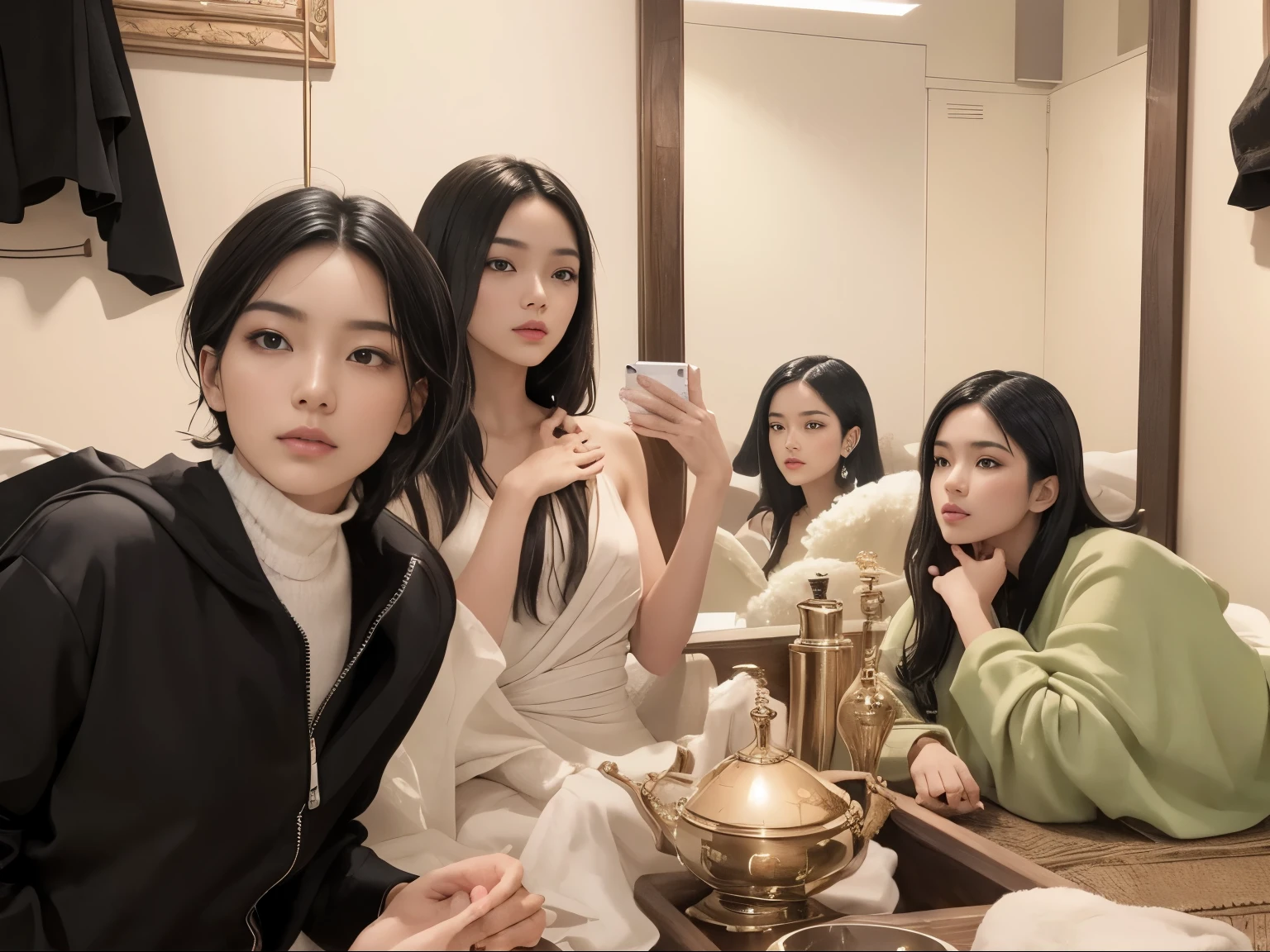 (Best quality, 8k, 32k, Masterpiece, UHD:1.2) "Generate a captivating artwork featuring a young Japanese girl model with short, sleek black hair styled in a chic bob haircut. Envision her bathed in dramatic cinematic lighting, creating an atmosphere of allure and mystery. Emphasize a romantic aesthetic vibe, showcasing the model in a poised and elegant pose that evokes a sense of intimacy and sophistication. Utilize warm and soft tones to enhance the romantic ambiance, and consider incorporating elements like flowing fabrics or flowers to add a touch of ethereal beauty. Capture the essence of romance and beauty through the model's expression, the play of light and shadows, and the overall aesthetic, creating a visually compelling and emotionally resonant piece." (perfect eyes), flawless skin, flawless face, cinematic, tight body, ((well-proportion female hands)), ((female hands with five digits))