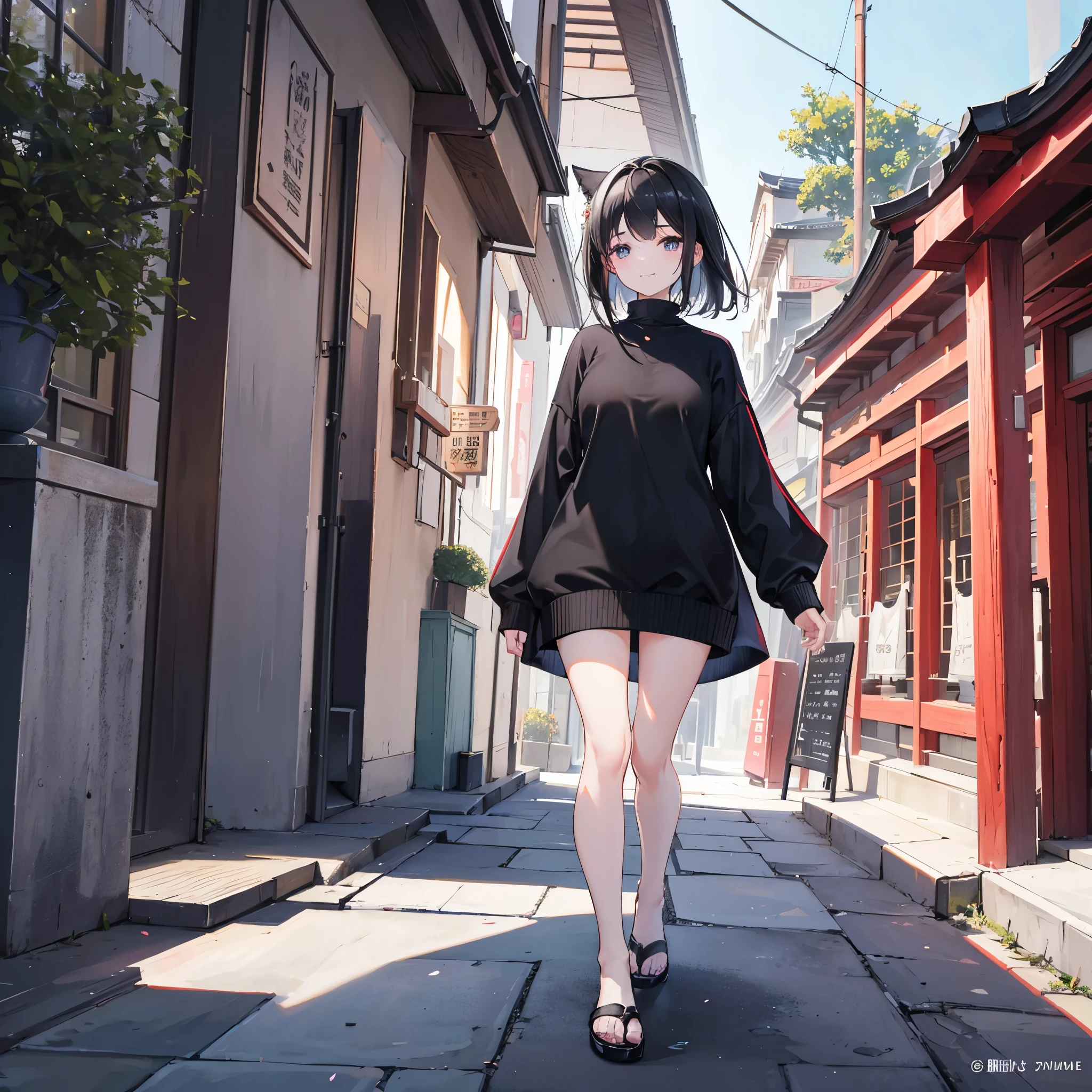 4K photo of an 18-year-old girl with dark black hair and a black belt。 Wear a sweater dress for girls。    Walk through the shrine with happiness and smiles。