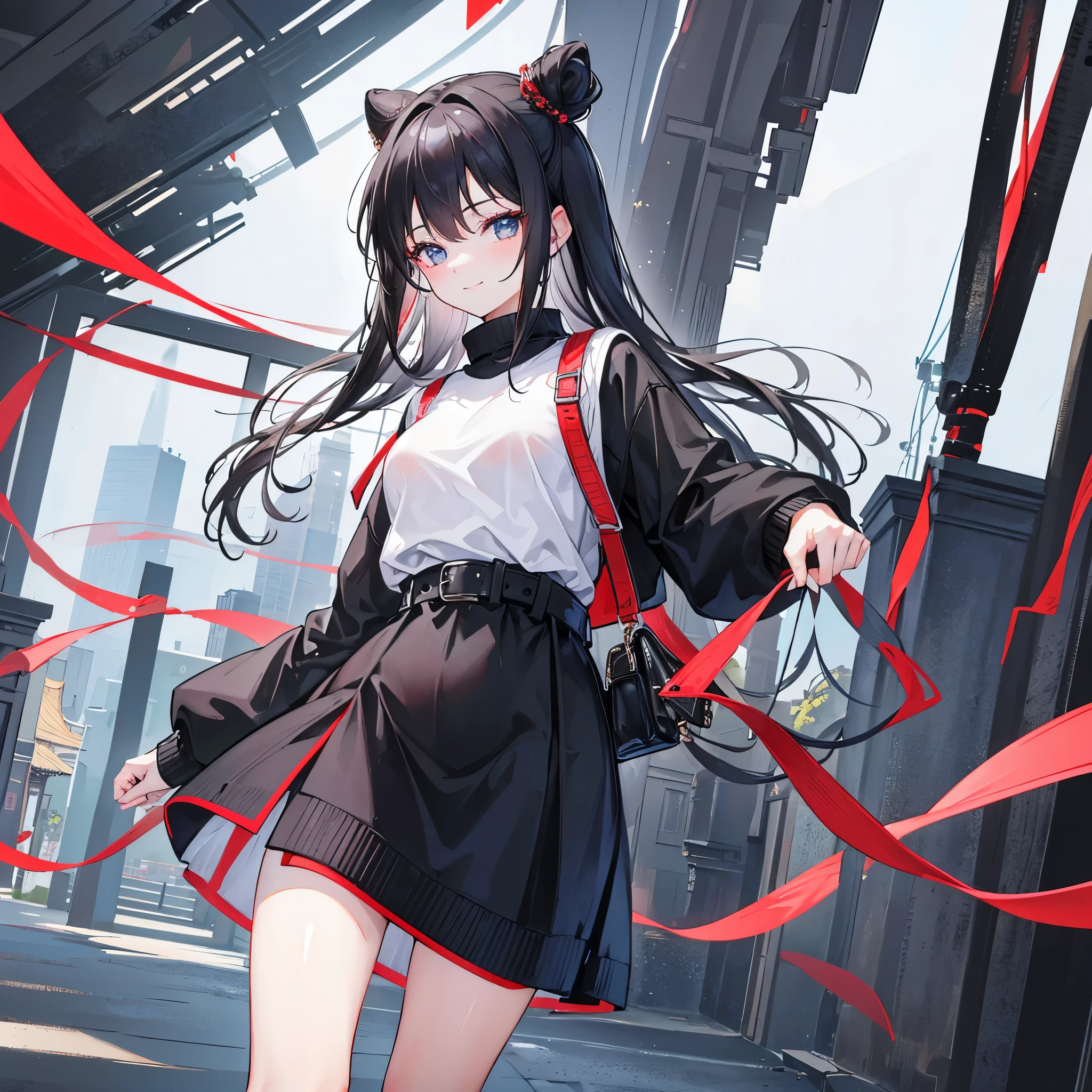 4K photo of an 18-year-old girl with dark black hair and a black belt。 Wear a sweater dress for girls。    Walk through the shrine with happiness and smiles。