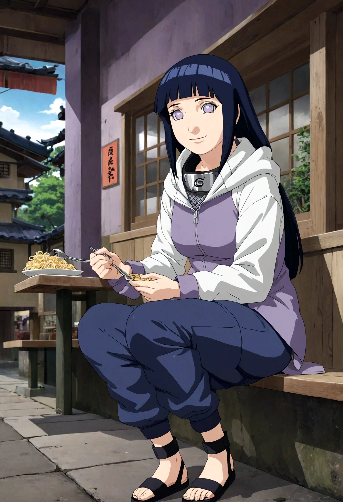 1girl, Hinata Hyuga, long hair, blunt bangs, dark blue hair, white eyes, no pupils, forehead protector, konohagakure symbol, purple and white hooded jacket, fishnets, blue pants, holster, bandage on thigh, open sandals, hoodie, zipper, eating, noodle restaurant, sit, seductive smile, looking at viewer, (masterpiece, best quality, Professional, perfect composition, very aesthetic, absurdres, ultra-detailed, intricate details:1.3)