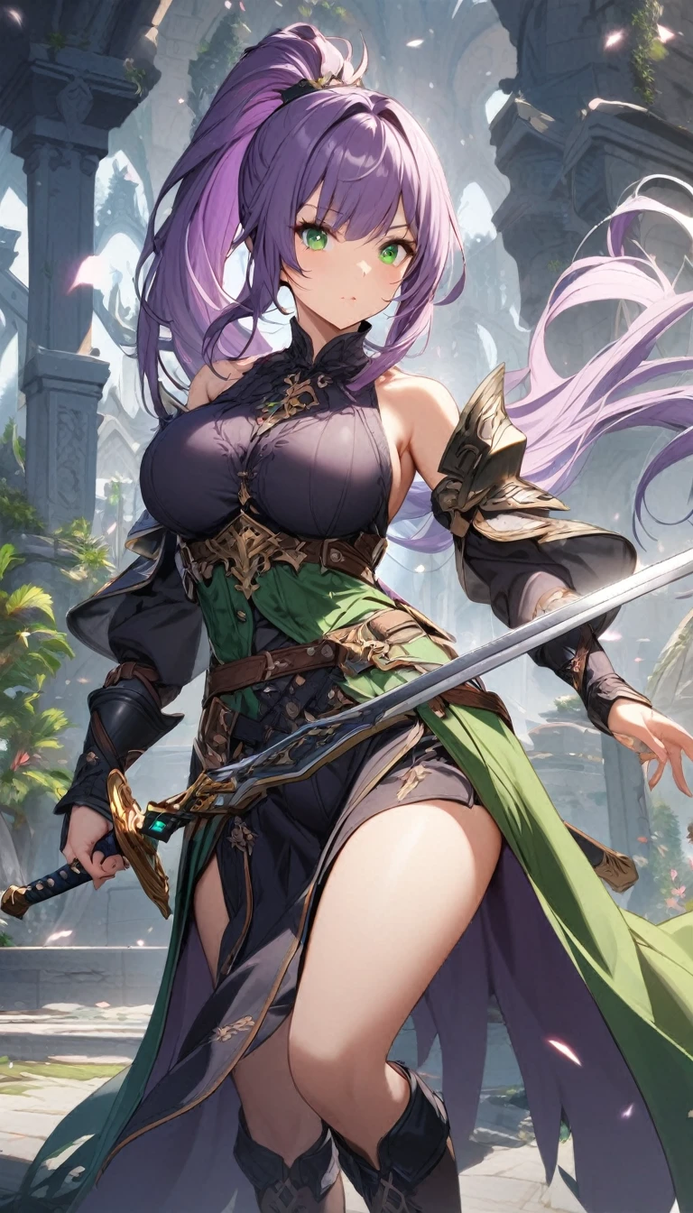 1girl,purple ponytail hair,green eyes,large breasts,fantasy,sword,