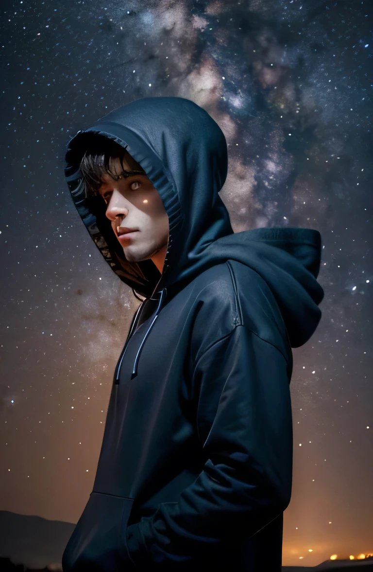 A man in a hoodie holding a twinkling galaxy